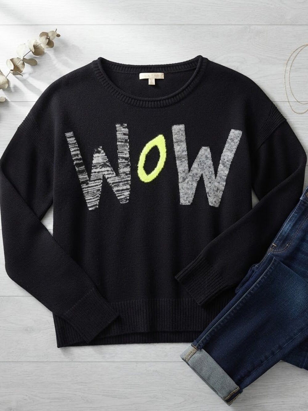 Lisa Todd Black "WOW" Graphic Crewneck Knit Cotton & Cashmere Sweater Size XS
